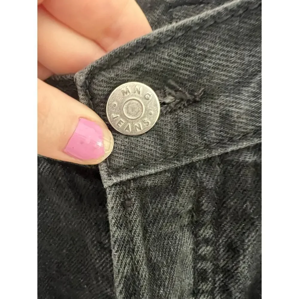 MNG Jeans Wide Leg Black Denim High Waist Led Button Fly 100% Cotton Women's 6